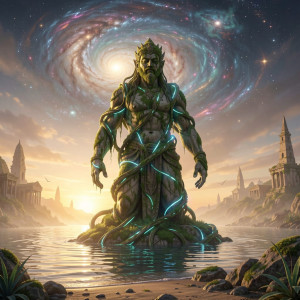 A colossal, moss-covered statue of an ancient deity stands partially submerged in the shimmering waters of an alien shore.jpg