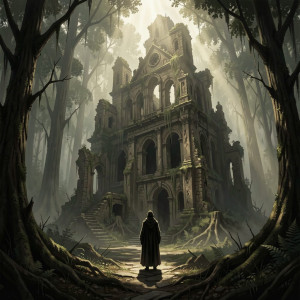 A lone, cloaked figure stands before a colossal, crumbling ancient ruin.jpg
