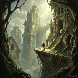 A lone explorer stands at the precipice of a colossal, overgrown ruin, bathed in ethereal, atmospheric light.jpg