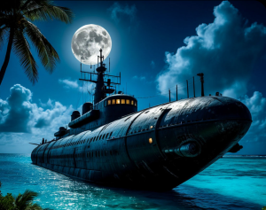 Demonic submarine in the Caribbean under full moon.png