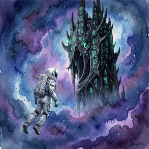 A lone astronaut adrift in a nebula, gazing at a colossal, decaying alien structure.jpg