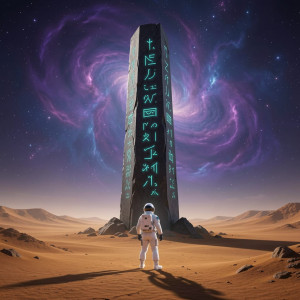 A lone astronaut stands before a colossal, ancient monolith on a desolate alien planet.jpg