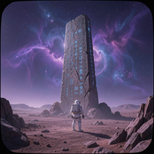 A lone astronaut stands before a colossal, ancient monolith.jpg