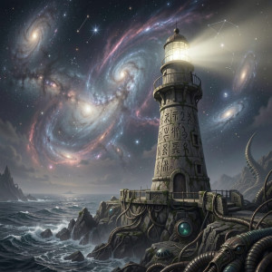 A solitary lighthouse stands on a jagged, alien coastline under a sky filled with swirling nebulae.jpg