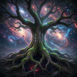 An ancient, gnarled tree with roots that delve into a cosmic void.jpg