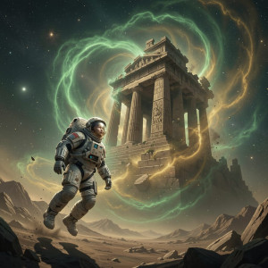 A lone astronaut adrift in the cosmic sea, gazing at a colossal, ancient temple ruin.jpg