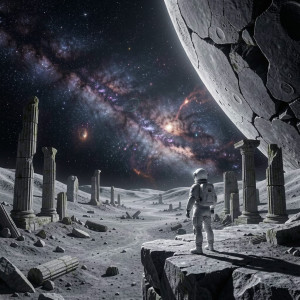 An astronaut stands at the edge of a colossal, fractured moon.jpg