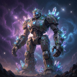A colossal, ancient robot overgrown with glowing bioluminescent flora.jpg