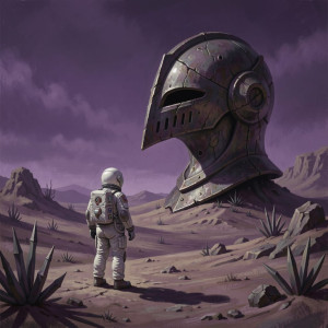 A lone astronaut stands on a barren, windswept alien planet.jpg
