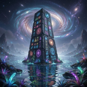 A colossal, ancient monolith, etched with glowing cosmic symbols.jpg