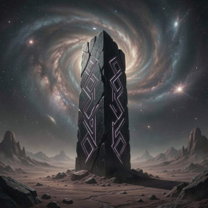 A colossal, obsidian monolith stands silently on a desolate alien planet.jpg