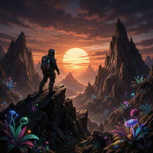 A lone astronaut clad in stealth-gear stands on a colossal, obsidian mountain peak.jpg