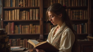 Beautiful female literary agent inside medieval library - F.jpg