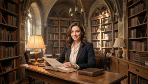 Beautiful female literary agent inside medieval library - F29B.jpg