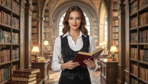 Beautiful female literary agent inside medieval library - H11D.jpg