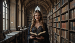 Beautiful female literary agent inside medieval library - PL1.png