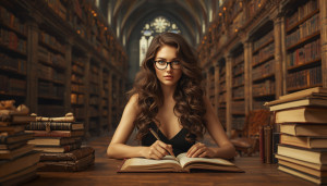 Beautiful female literary agent inside medieval library - L1.jpg