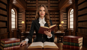 Beautiful female literary agent inside medieval library - H11.jpg