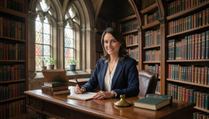 Beautiful female literary agent inside medieval library - F24.jpg