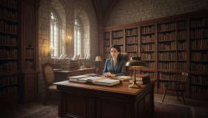 Beautiful female literary agent inside medieval library - F24B.jpg