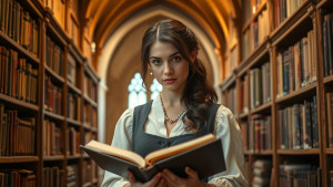 Beautiful female literary agent inside medieval library - FS.jpg