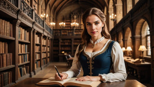 Beautiful female literary agent inside medieval library - DXL.jpg
