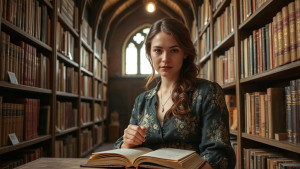 Beautiful female literary agent inside medieval library - JFL.jpg