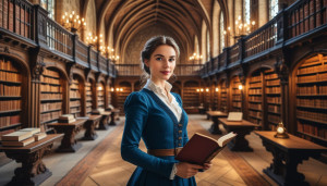 Beautiful female literary agent inside medieval library - JXI.jpg