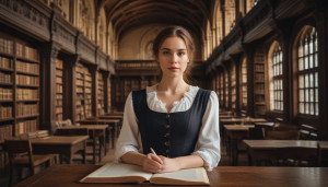 Beautiful female literary agent inside medieval library - JXIL.jpg