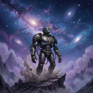 A solitary, ancient robot stands on a desolate mountain peak.jpg