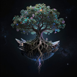 In a vast, empty cosmic void, a single, colossal tree grows.jpg