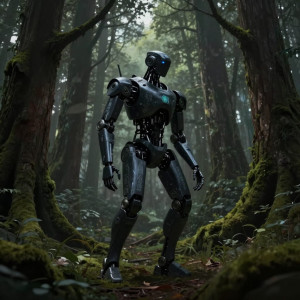 A sleek, obsidian robot moves with silent grace through a dense, ancient forest.jpg