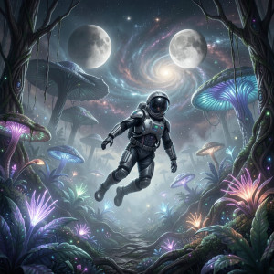 An astronaut drifts through a bioluminescent alien jungle.jpg