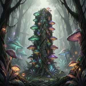 A colossal, ancient monolith overgrown with bioluminescent fungi.jpg