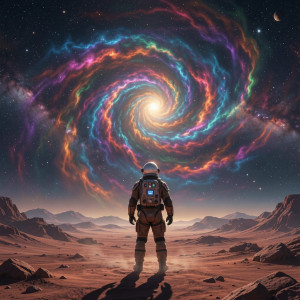 A lone figure stands on a desolate, windswept alien planet, gazing at a swirling.jpg