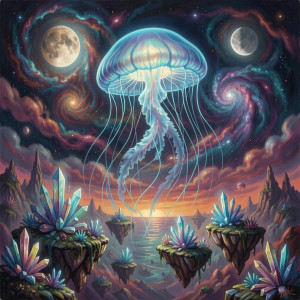 A colossal, bioluminescent jellyfish drifts through an alien sky.jpg