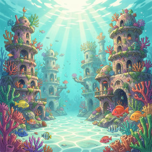 A vibrant, coral reef city thrives beneath a turquoise ocean surface.jpg