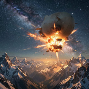 Giant blimp explodes over the mountains under starry night sky -  F29.jpg