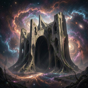 A colossal, ancient structure of unknown origin, half-submerged in a swirling nebula.jpg