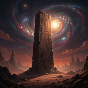 A colossal, ancient monolith stands sentinel in a desolate, alien landscape under a sky filled with.jpg