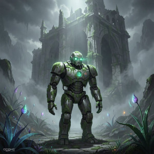 A lone, weathered robot, its metallic chassis overgrown with bioluminescent moss.jpg