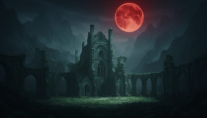 Haunted ruins of medieval abbey in the mountains under blood moon -  F24В.jpg