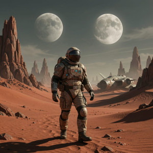 A lone astronaut, clad in a worn, retro-futuristic spacesuit, navigates a desolate.jpg