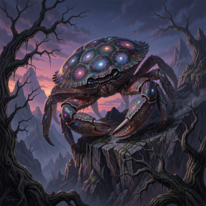 A colossal, ancient crab with a shell encrusted with glowing nebulae.jpg