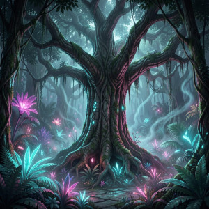 A colossal, ancient glider tree, its bark like weathered stone.jpg