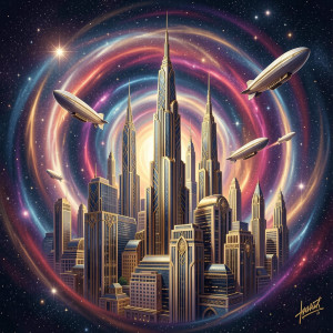 An elegant, art deco inspired cityscape emerges from a swirling vortex of stars.jpg