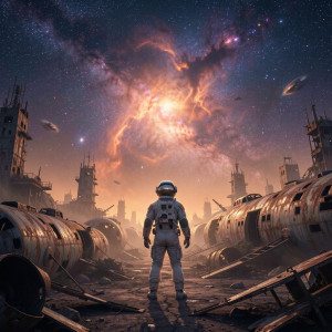 A lone astronaut standing on a derelict spaceship graveyard.jpg