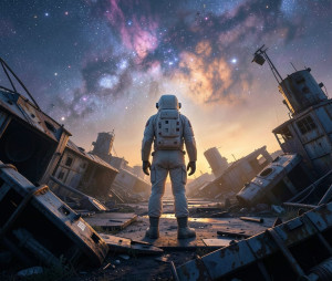 A lone astronaut standing on a derelict spaceship graveyard - F24.jpg