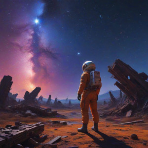 A lone astronaut standing on a derelict spaceship graveyard - JXI.jpg
