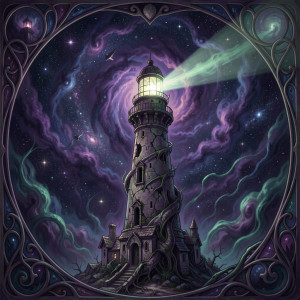 An ancient, crumbling lighthouse stands defiantly against a roiling, star-filled nebula.jpg
